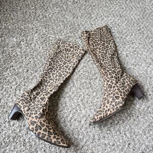 Vintage Boots Leopard Low Kitten Heels Knee High Stretch Square Toe Size 8 M